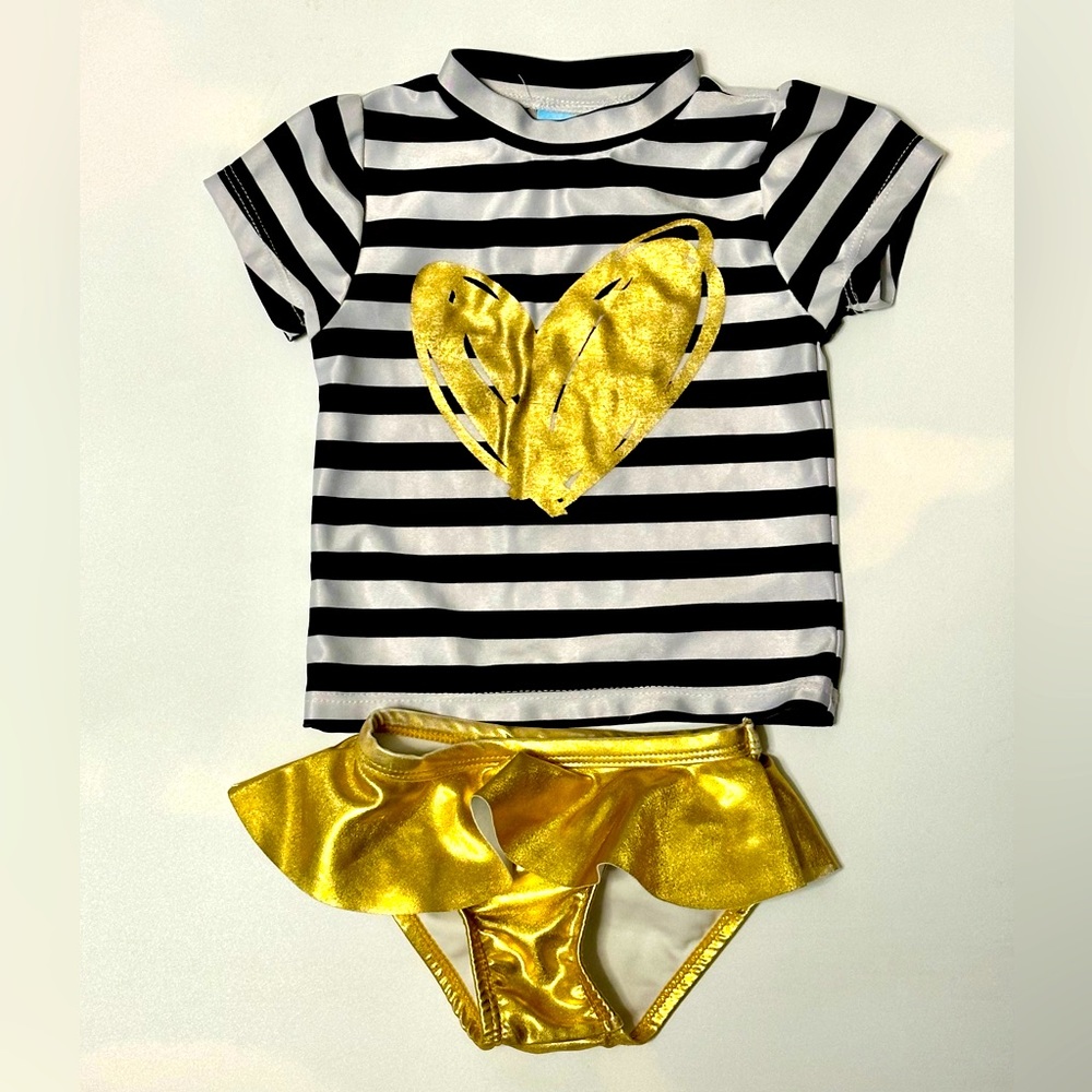 Baby Buns 2 Pc Rash Guard Swimsuit Set-Striped with Gold Heart Size 12 months